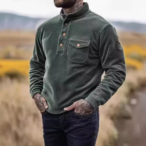 Herren Warmhaltendes Kord-Pullover mit Knopfleiste und Brusttasche Drune