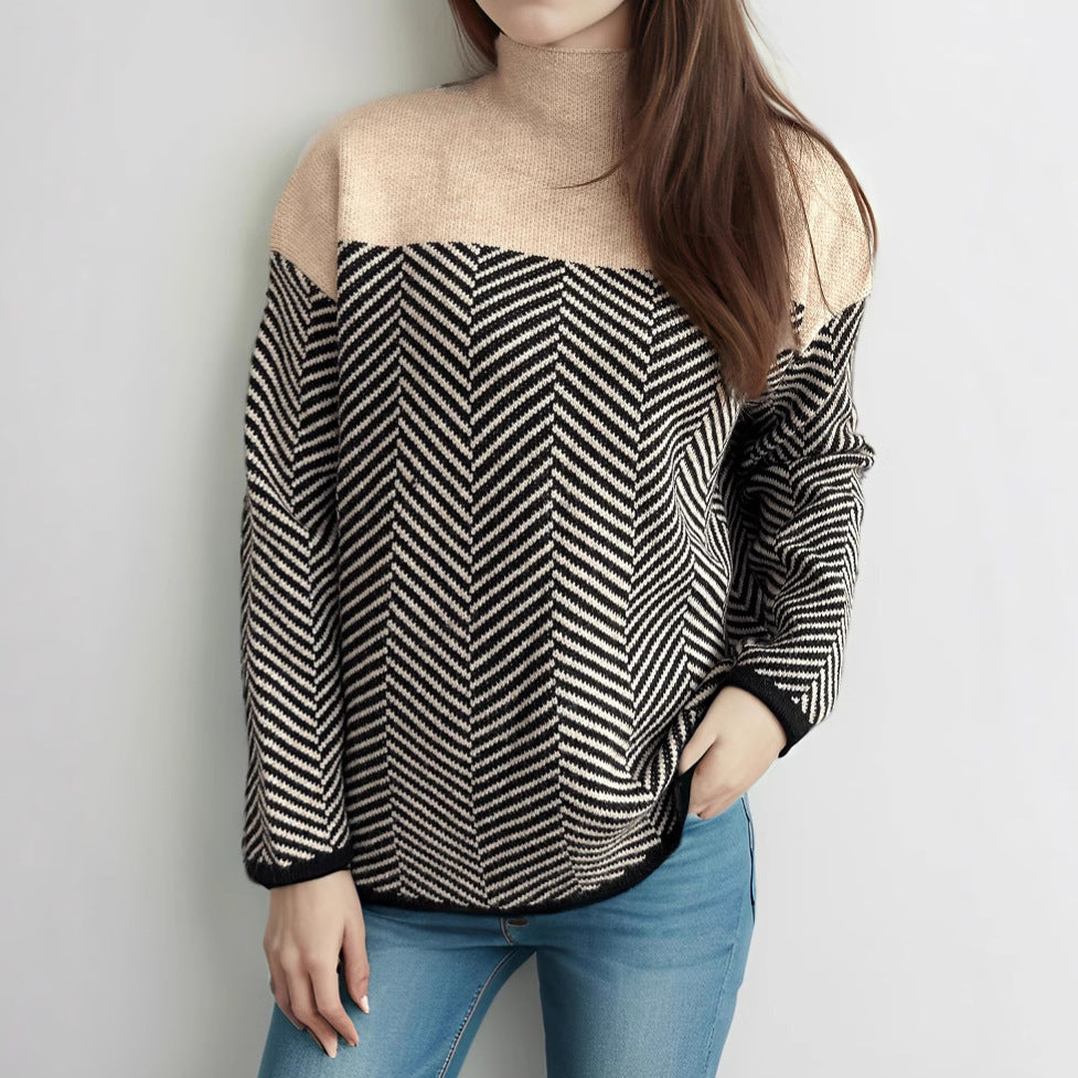 Damen gemütlicher Rollkragenpullover mit modernem Fischgrätenmuster und elastischen Bündchen Drune