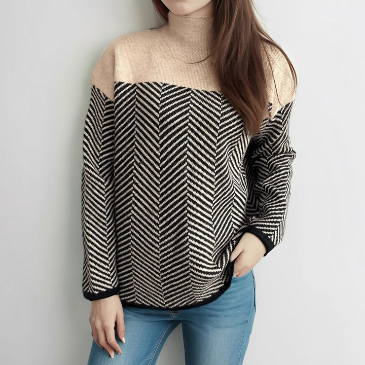 Damen gemütlicher Rollkragenpullover mit modernem Fischgrätenmuster und elastischen Bündchen Drune