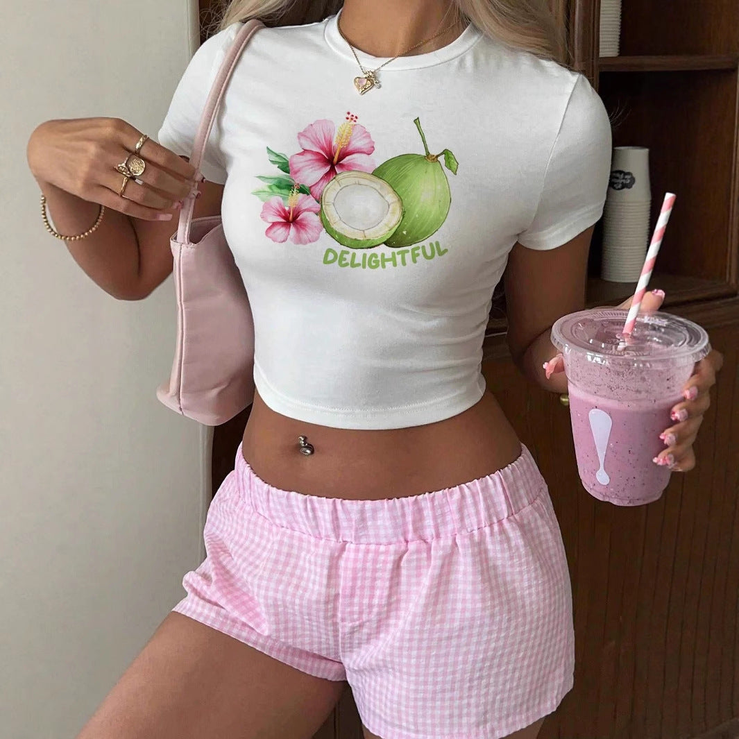 Damen Crop-Top mit floralem Druck und motivierendem Schriftzug Drune