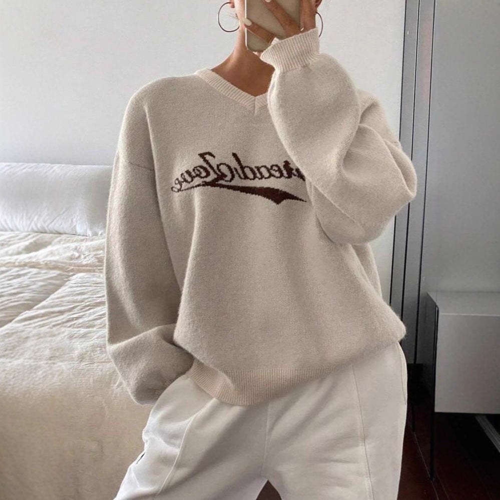 Damen Strickpullover mit modernem V-Ausschnitt und voluminösen Ärmeln Drune