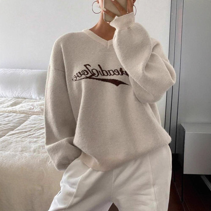 Damen Strickpullover mit modernem V-Ausschnitt und voluminösen Ärmeln Drune
