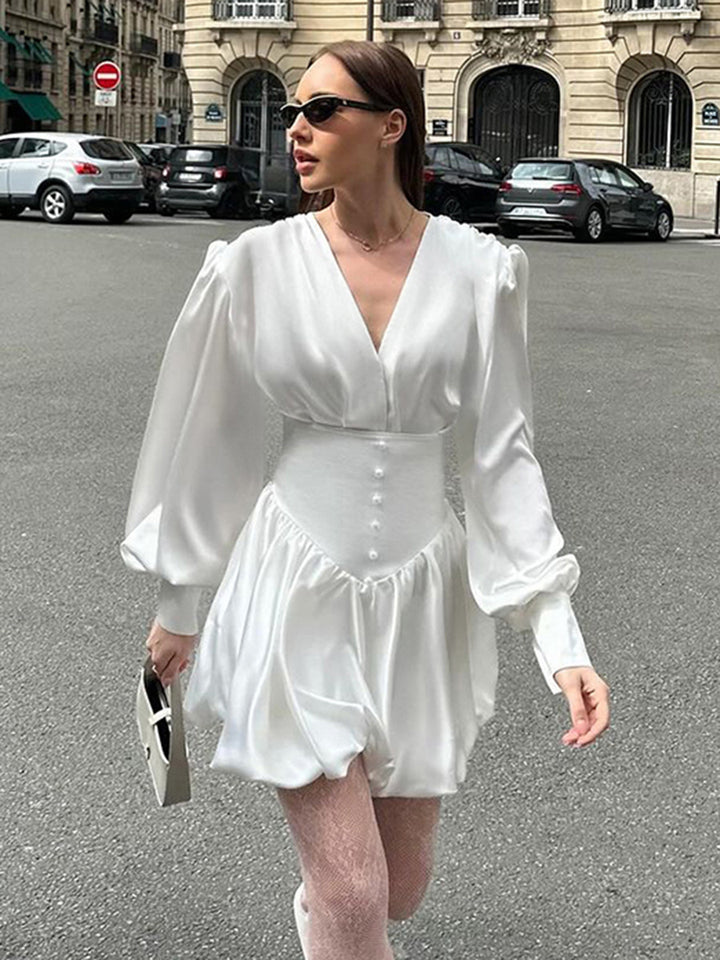 Damen elegantes Minikleid mit tiefem V-Ausschnitt, voluminösen Ärmeln und taillierter Taille Drune