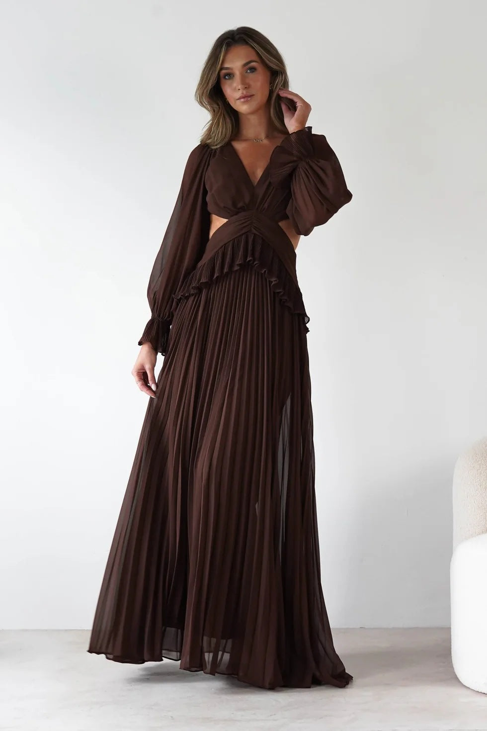 Damen Maxi-Kleid mit weitem Schnitt und Rüschendetails Drune