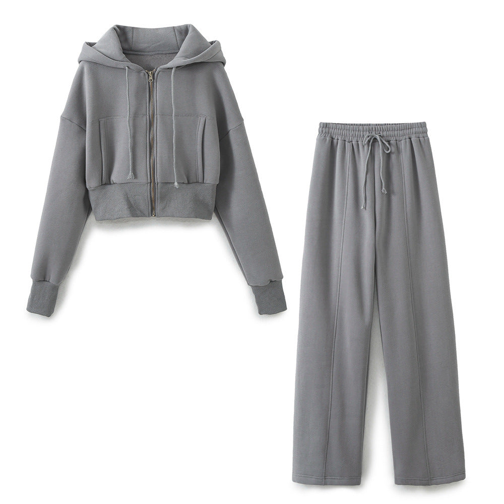 Damen modisches cropped Kapuzenjacken- und Jogginghose-Set Drune