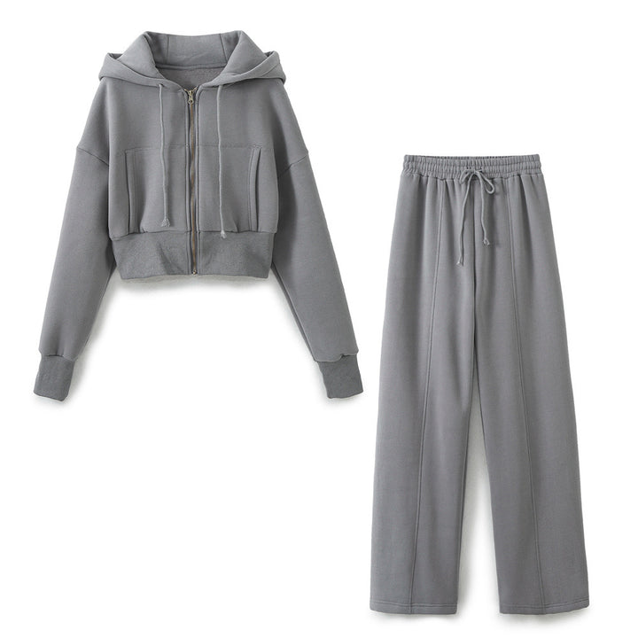 Damen modisches cropped Kapuzenjacken- und Jogginghose-Set Drune