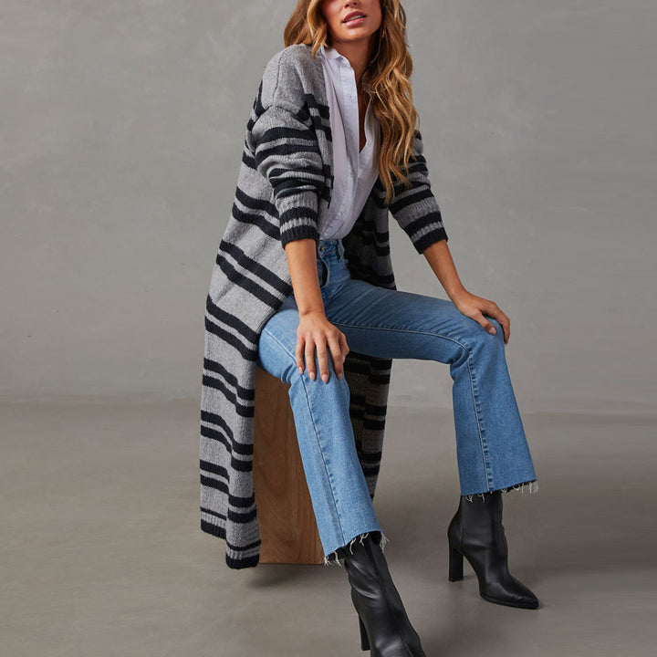Damen lange Strickjacke mit Streifenmuster Drune