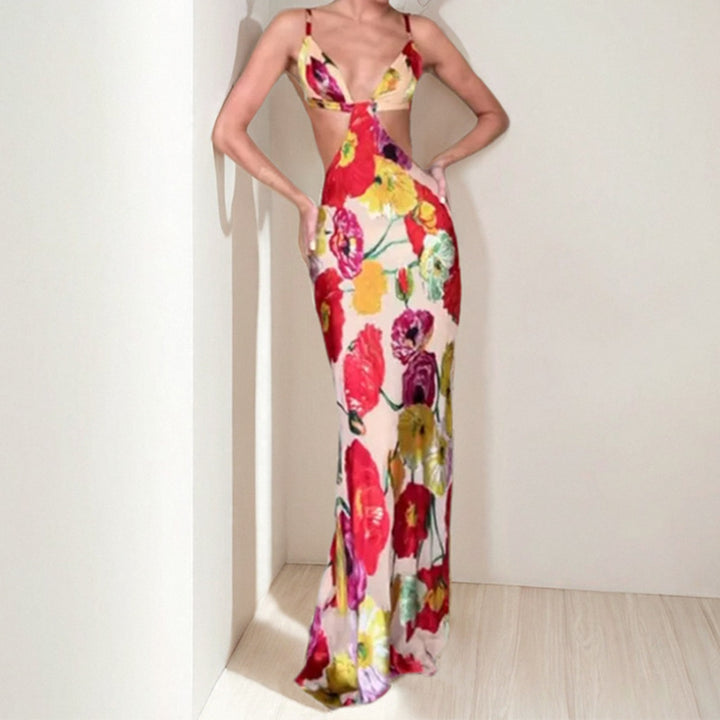 Damen Maxikleid mit raffiniertem Cut-Out-Design und floralen Akzenten Drune