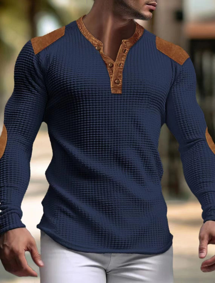 Herren Langarm-Henley-Shirt mit strukturiertem Gewebe und Kontrastdetails Drune