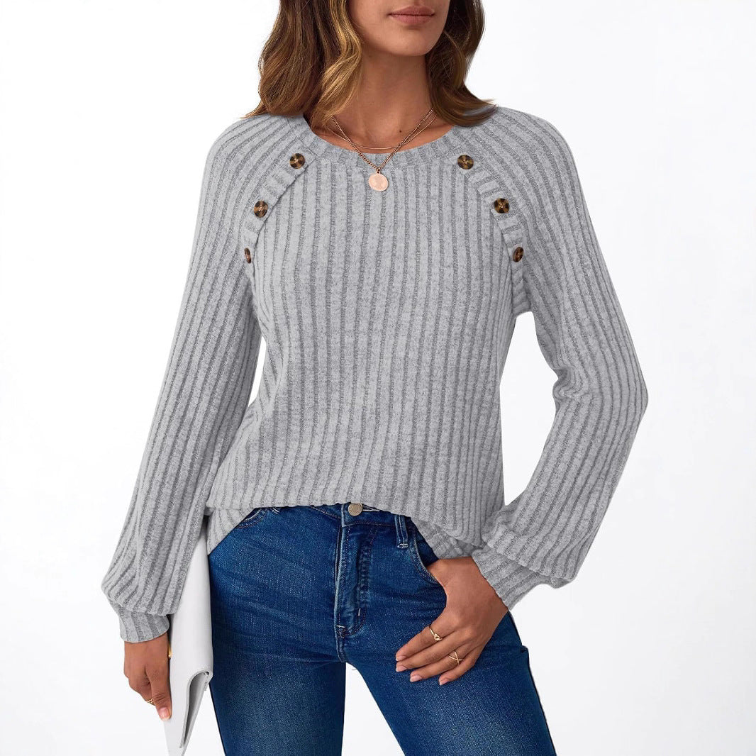 Damen Strickpullover mit dekorativen Knöpfen und modernem Rippenmuster Drune