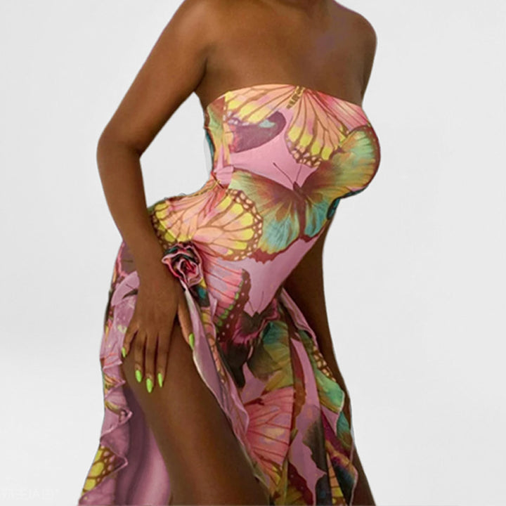 Damen Strandkleid mit asymmetrischem Schnitt und buntem Schmetterlingsdesign Drune