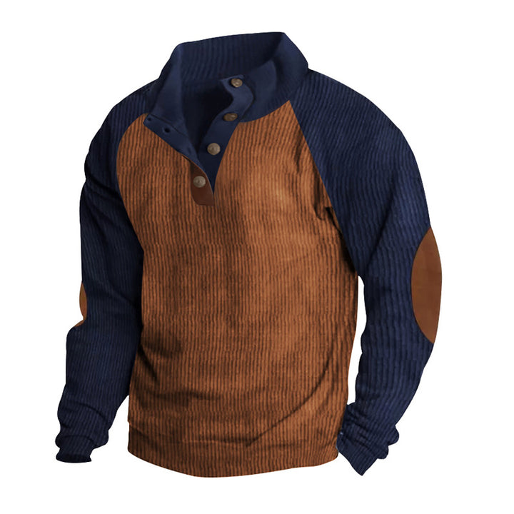 Herren nan Cordoptik-Halbknopf-Pullover mit Stehkragen, Raglanärmeln und Ellenbogenpatches Drune