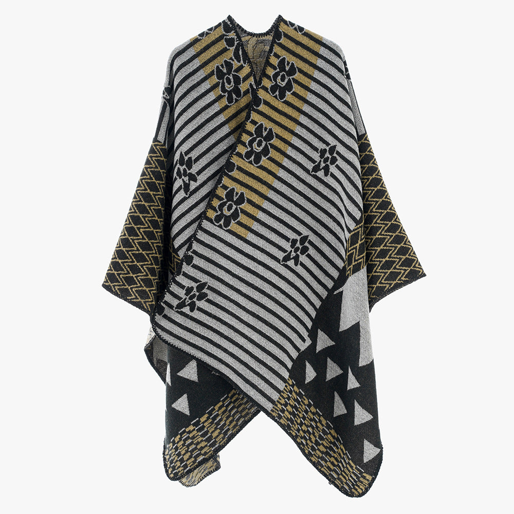 Damen Eleganter Poncho mit grafischem Muster und weichen Fransen Drune