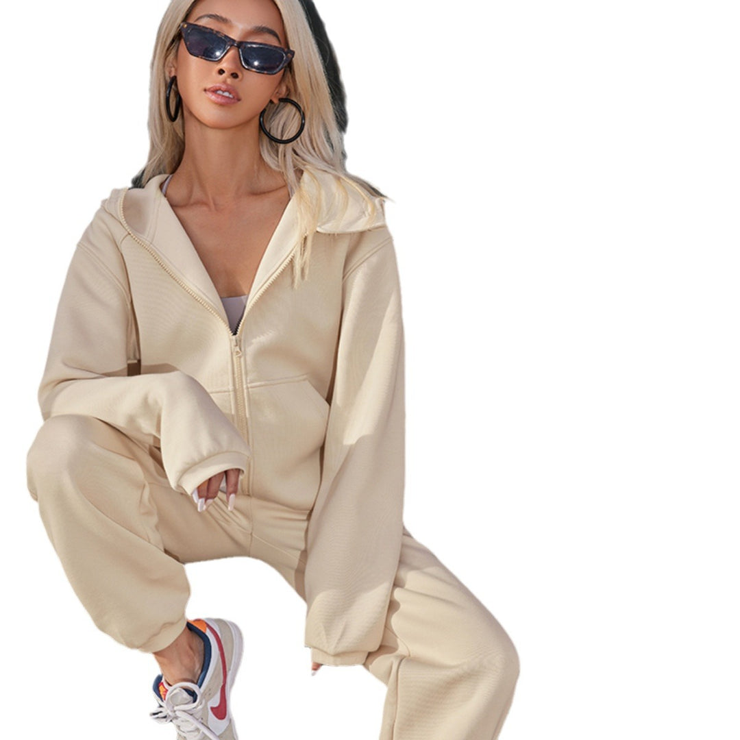 Damen nan athletisches Freizeit-Set mit Zip-Hoodie im Oversize-Schnitt und taillenhoher Komfort-Jogginghose Drune