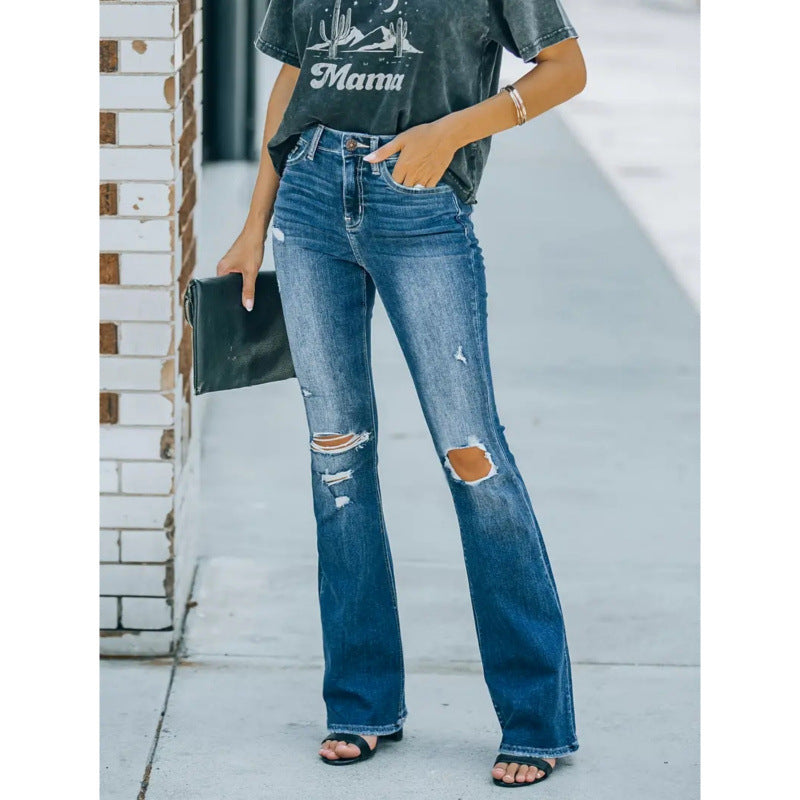 Damen Flared Jeans im Vintage-Style mit lässigem Destroyed-Effekt Drune