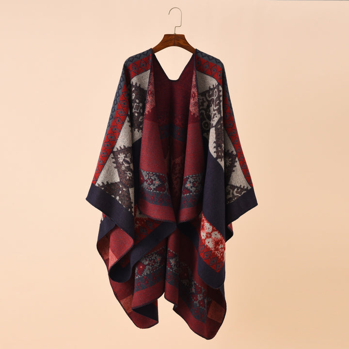 Damen Modischer Poncho mit kunstvollem Muster und fransigen Kanten Drune