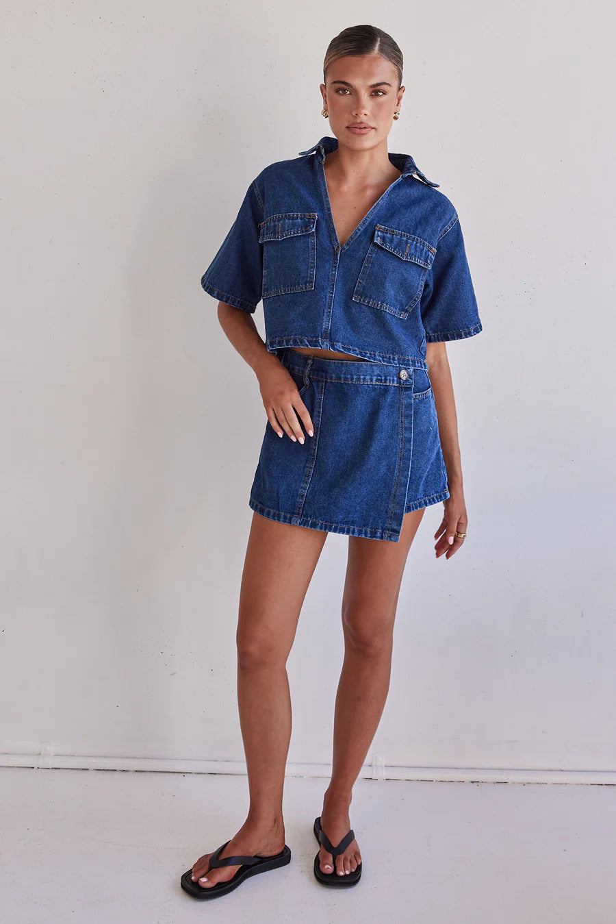 Damen Denim-Kurzjacke mit passendem Rock im lässigen Stil Drune