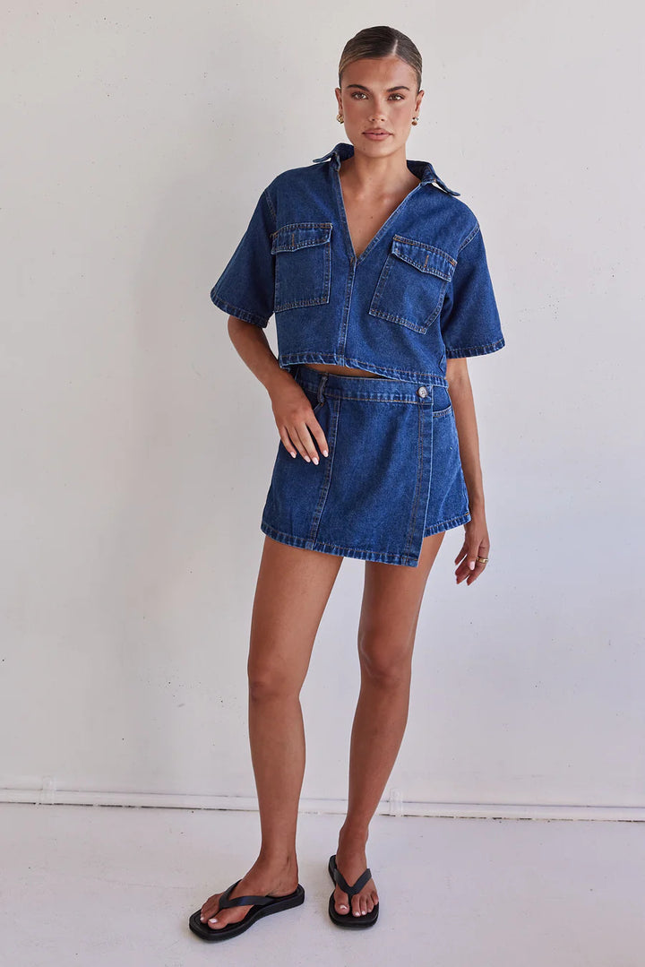 Damen Denim-Kurzjacke mit passendem Rock im lässigen Stil Drune