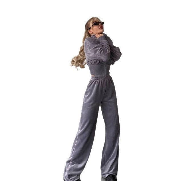 Damen modischer Fleece-Loungewear-Set mit kurzem Oberteil und hohem Kragen Drune