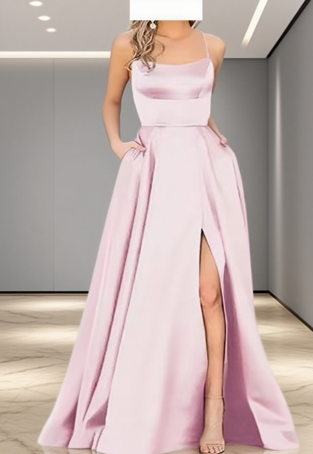 Damen Elegantes Abendkleid mit seitlichem Schlitz und schmalen Spaghetti-Trägern Drune