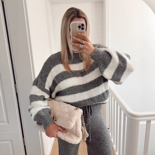 Damen modischer Cropped Pullover mit einzigartigem Streifenmuster und weit geschnittenen Ärmeln Drune