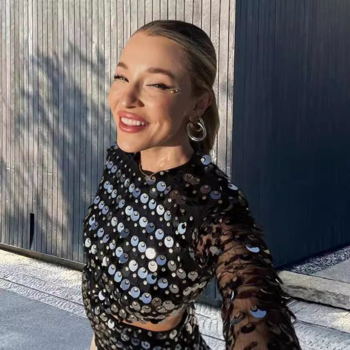 Damen modisches Minikleid mit durchsichtigen Ärmeln und Paillettenbesatz Drune