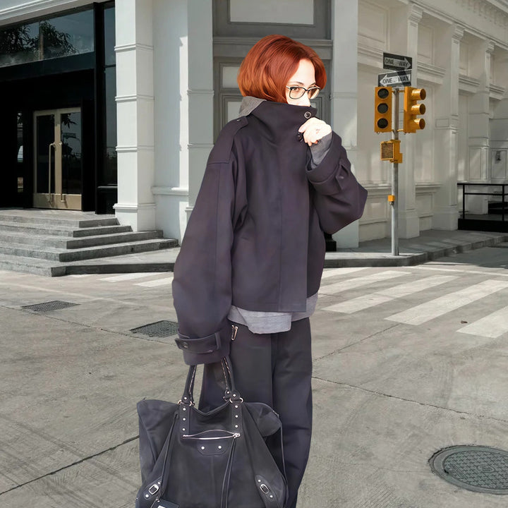 Damen Modische Oversized-Jacke mit hohem Kragen und innovativem Schnitt Drune