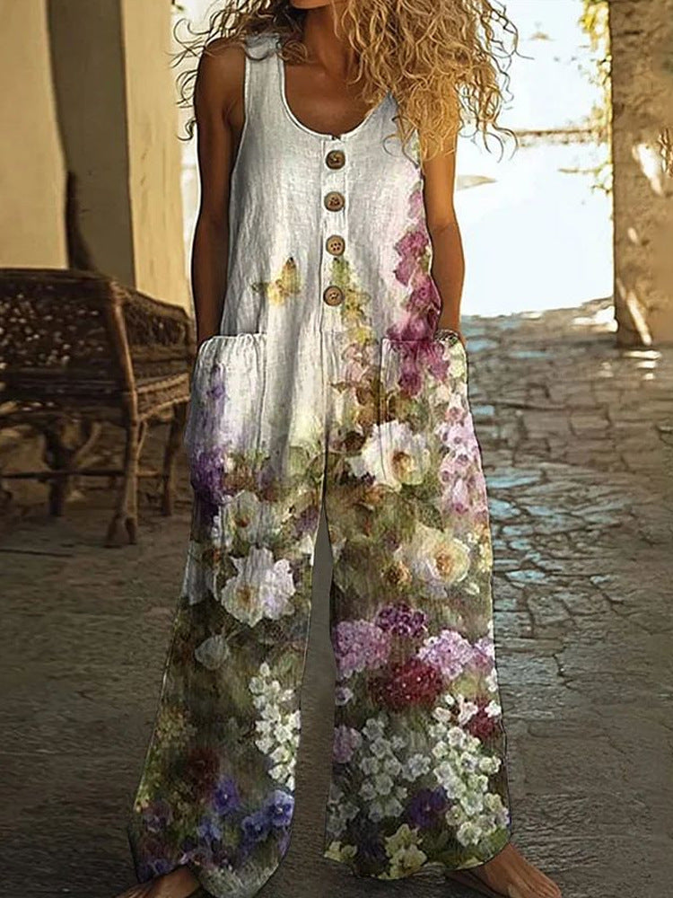 Damen Künstlerische Blumenmuster Latzhose Drune