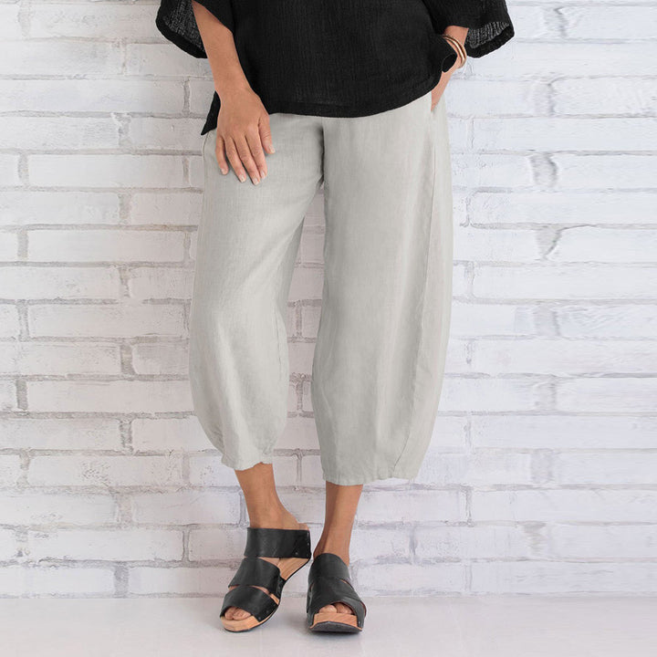 Damen nan weit geschnittene Leinenhose mit Tulpen-Saum und elastischem Bund Drune