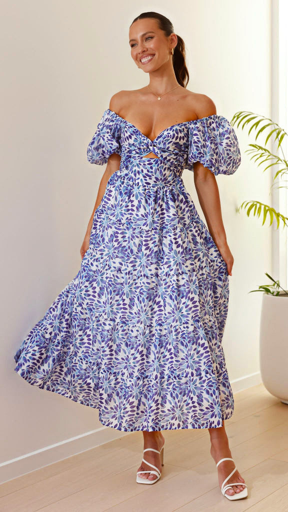 Damen Maxikleid mit voluminösen Puffärmeln und floralem Muster Drune