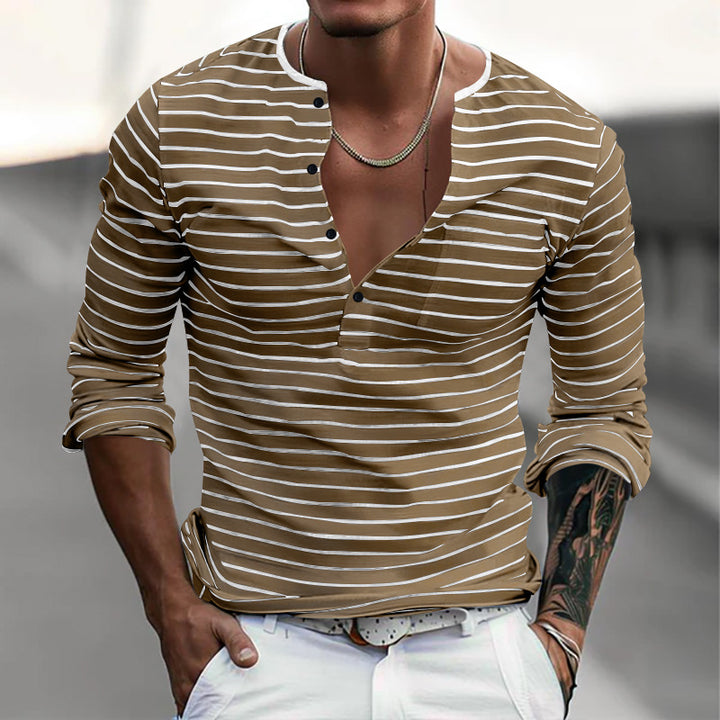 Herren nan gestreiftes Henley-Langarmshirt mit schmaler Knopfleiste, leichtem Baumwollstretch und lässigem Regular Fit Drune