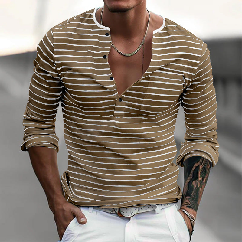Herren Langarm-Henley-Shirt mit modischem Streifenmuster Drune