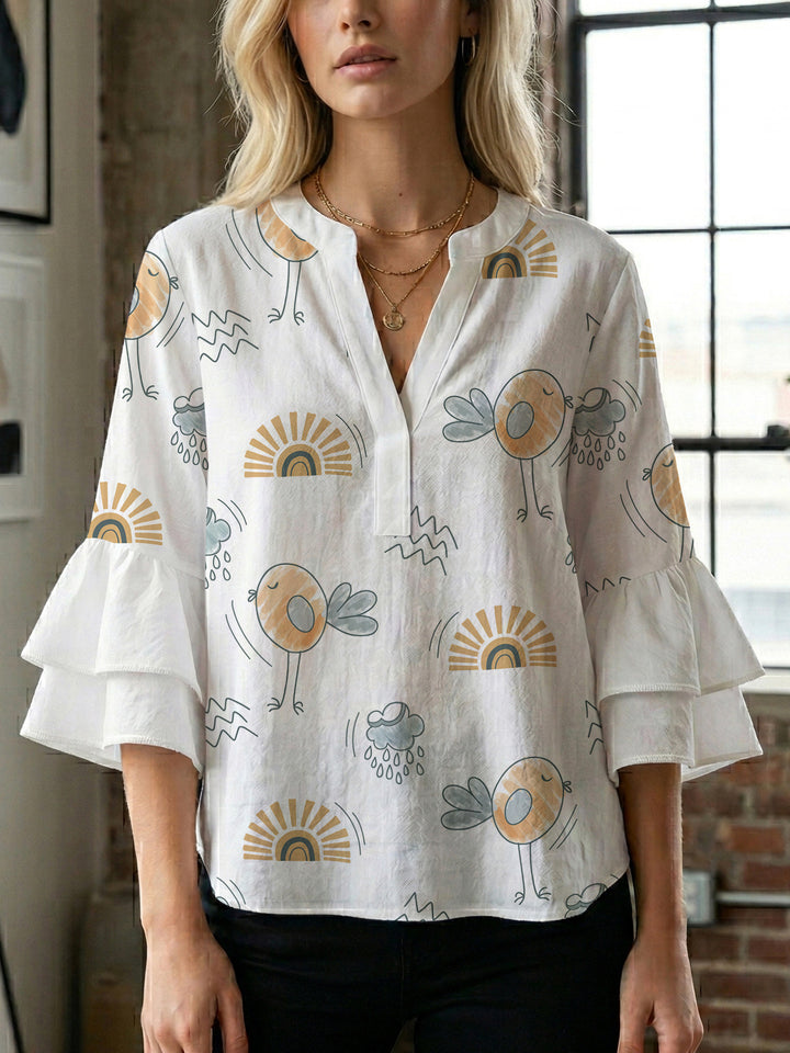 Damen Bluse mit Rüschendetails und auffälligem Animal-Print Drune