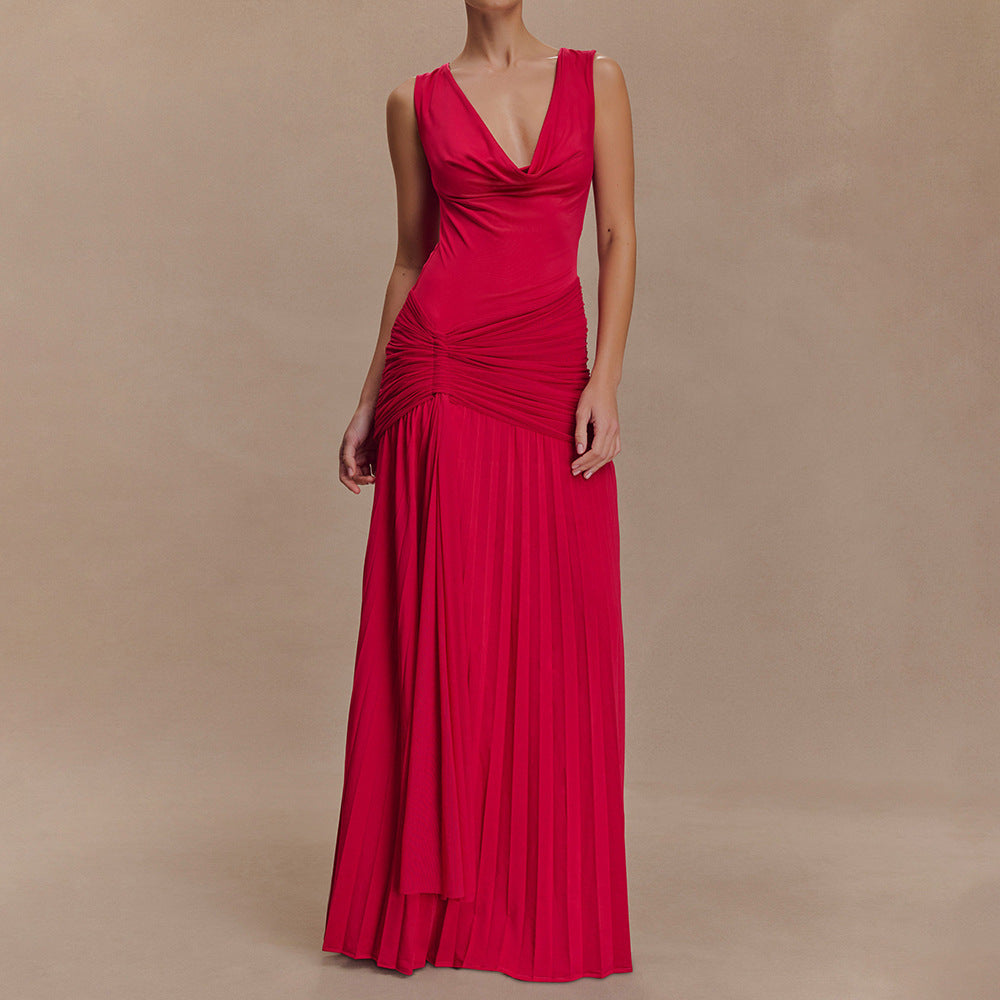 Damen Elegantes Maxikleid mit fließendem Stoff und Raffungen Drune