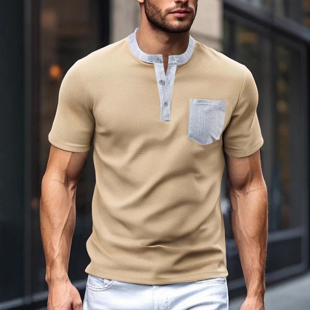 Herren nan atmungsaktives Waffel-Henleyshirt mit Stehkragen kurzer Knopfleiste und aufgesetzter Brusttasche Drune