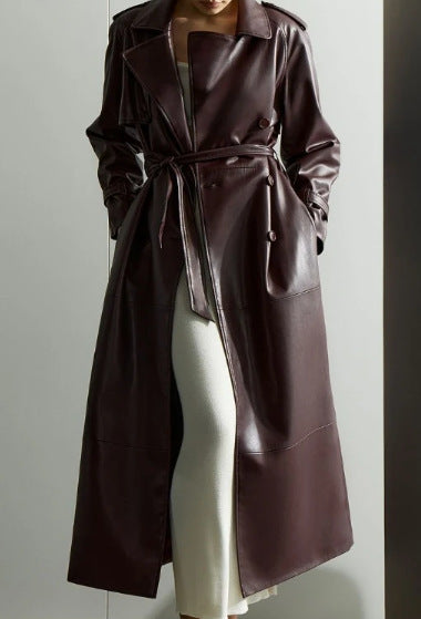 Damen Trenchcoat aus hochwertigem Kunstleder mit taillierbarem Gürtel Drune