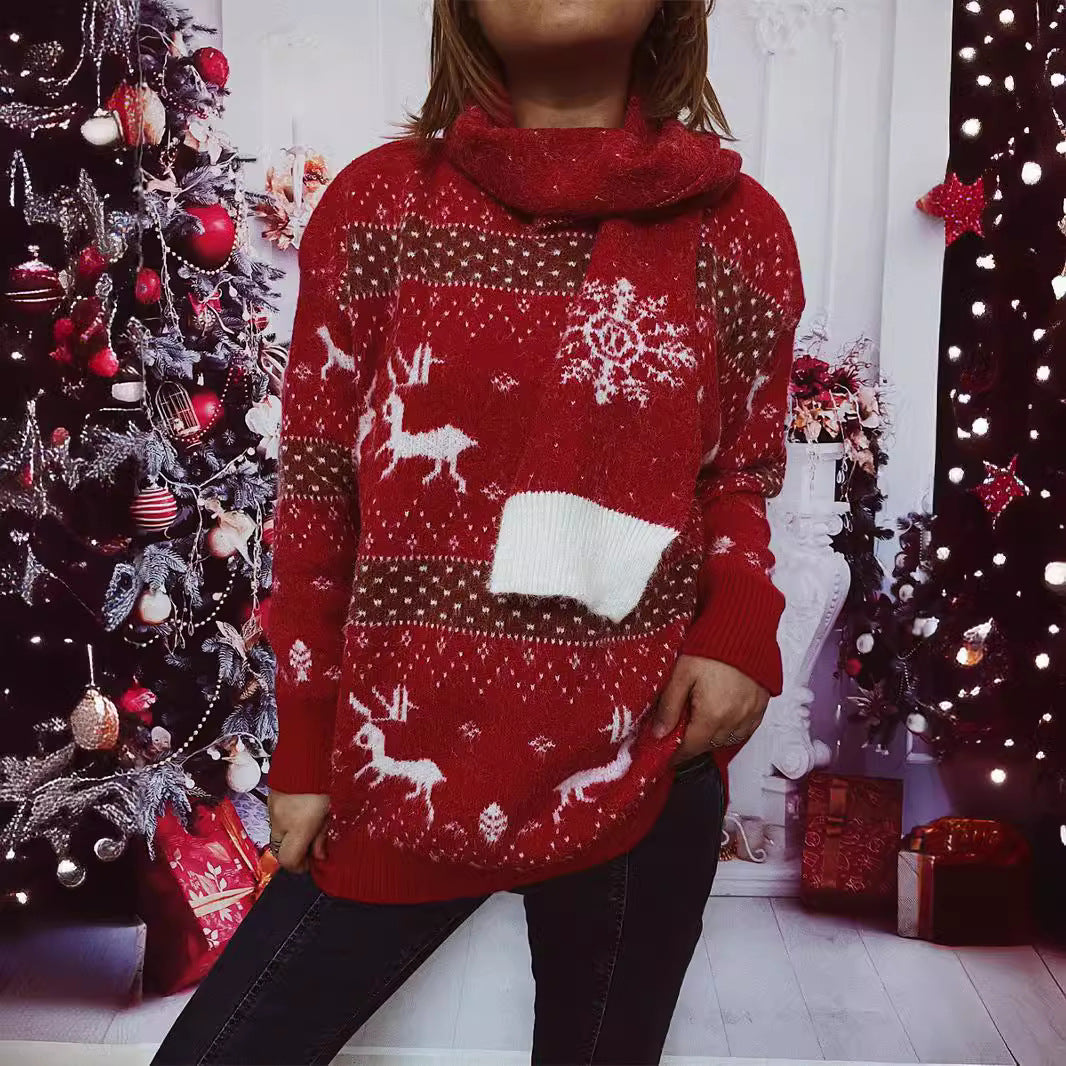 Damen Strickpullover mit festlichem Rentier-Motiv und hohem Kragen Drune