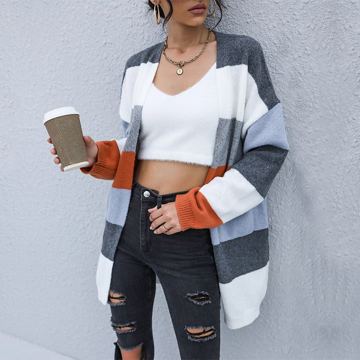 Damen offener Strickcardigan mit farbigen Blockstreifen und weichem Material Drune