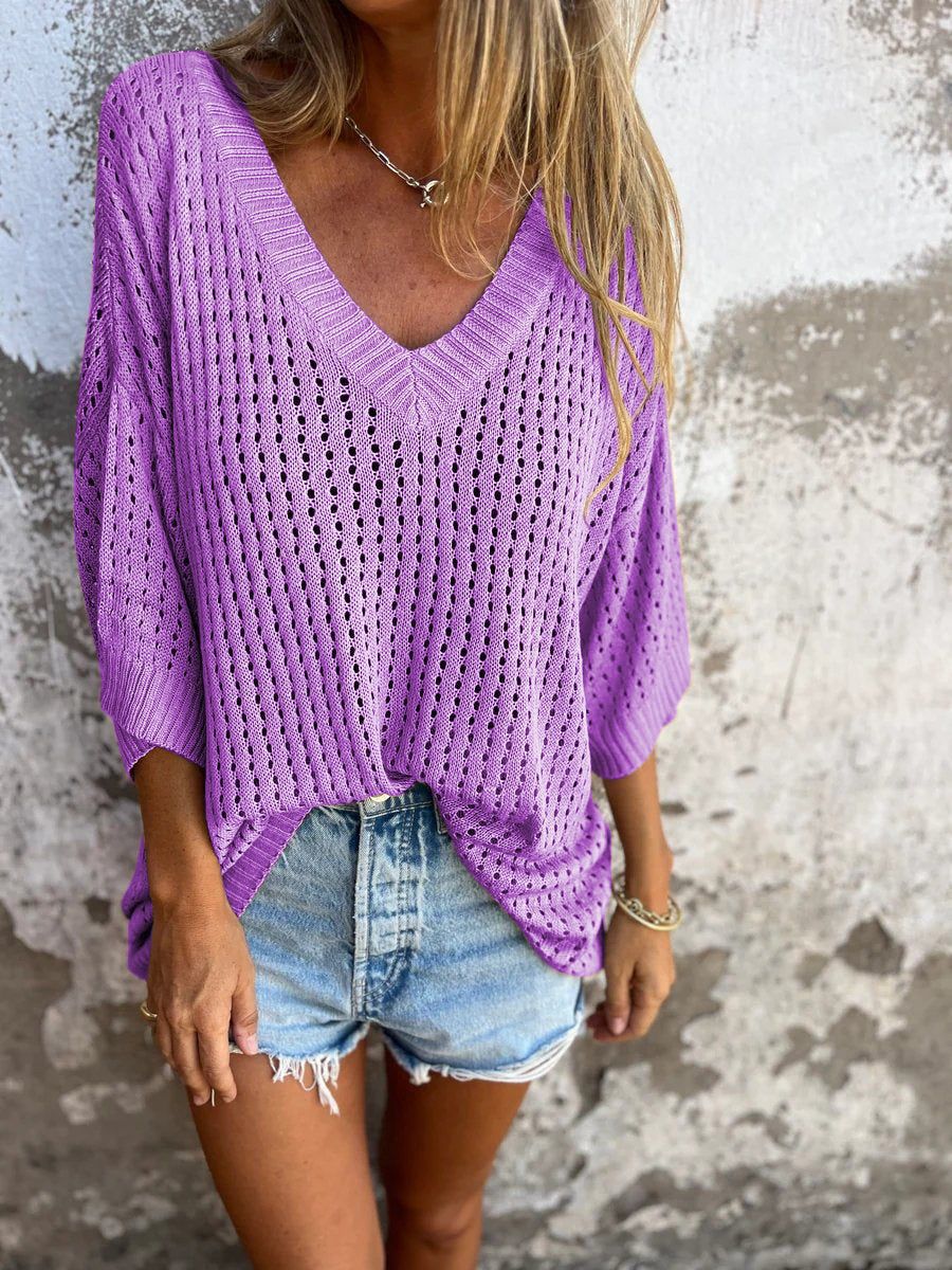Damen nan luftig gestrickter V-Ausschnitt Pullover im Oversize-Schnitt Drune