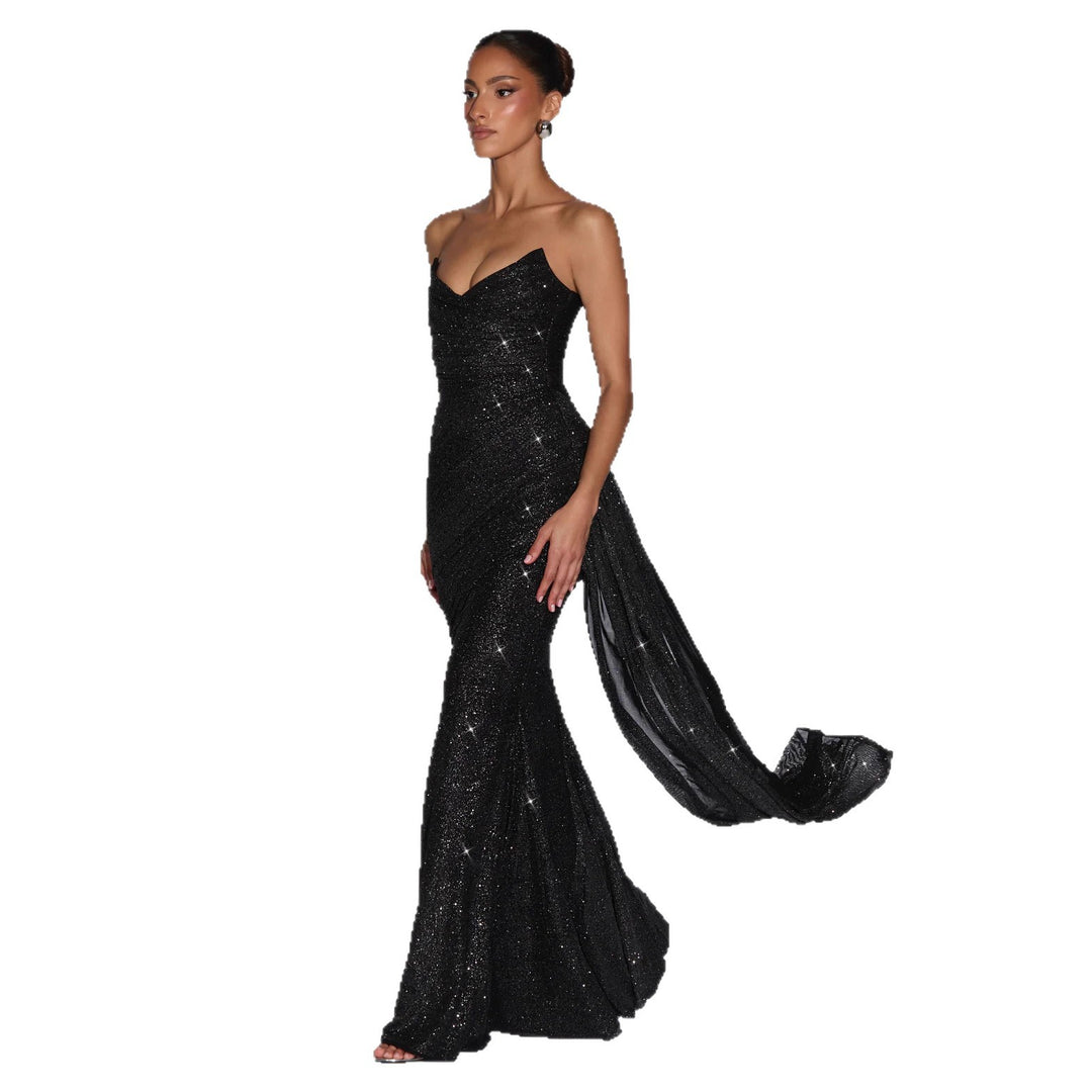 Damen Glamouröses Abendkleid mit tiefem V-Ausschnitt und schimmerndem Überwurf Drune
