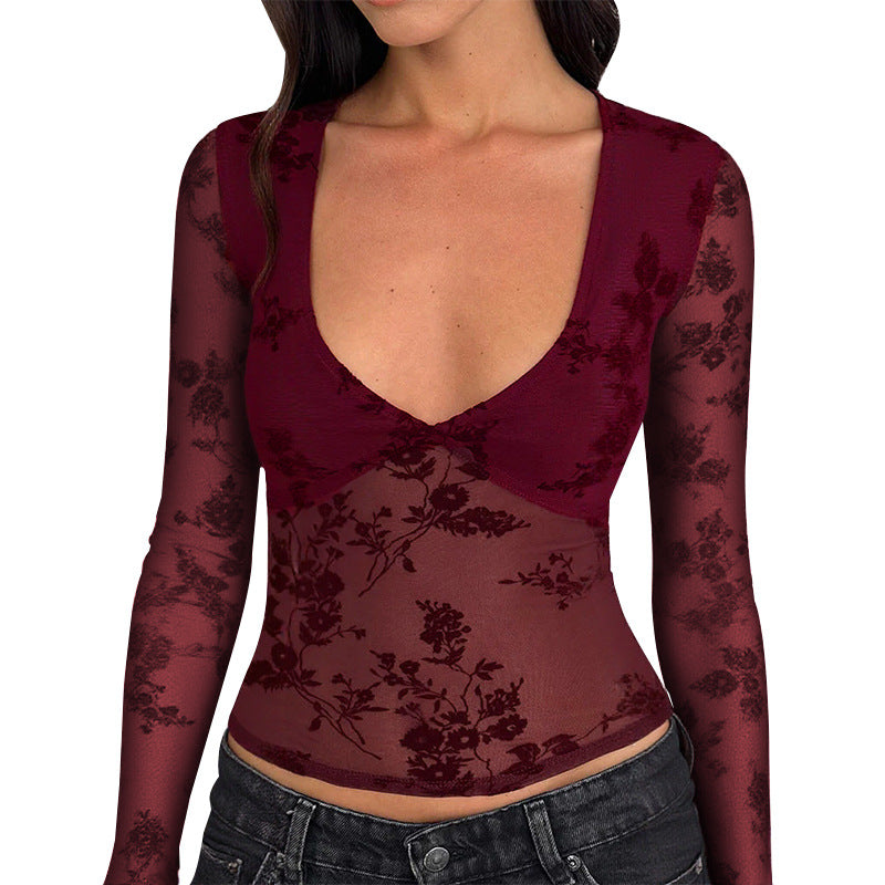 Damen Spitzenoberteil mit tiefem V-Ausschnitt und floralem Design Drune