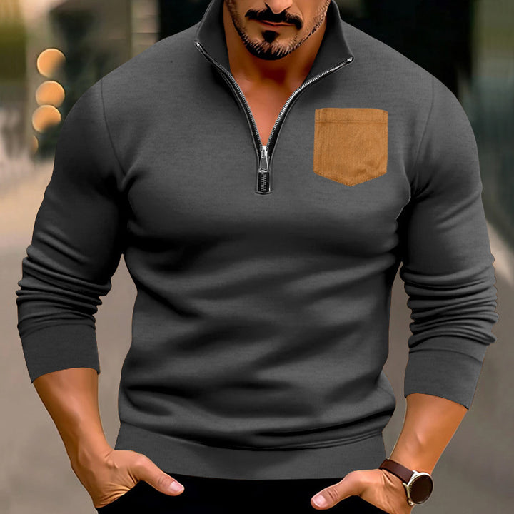 Herren modischer Pullover mit halbem Reißverschluss und kontrastierender Brusttasche Drune