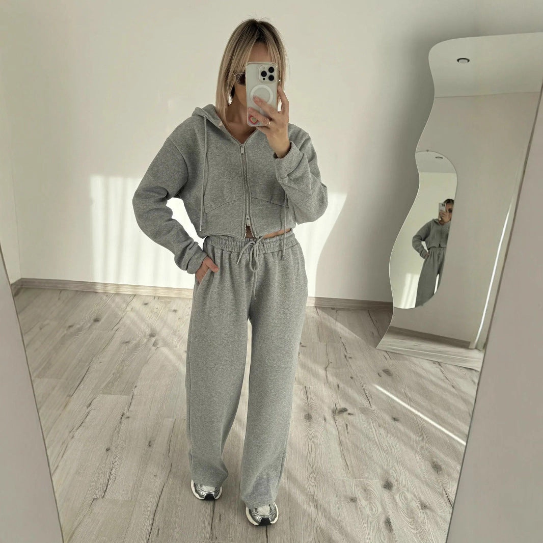 Damen Sportliches Fleece-Loungewear-Set mit Kapuze und verstellbarem Bund Drune