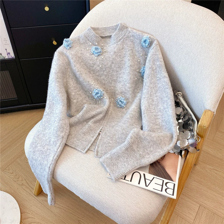 Damen Pullover mit strukturiertem Blumendesign und Perlenverzierungen Drune