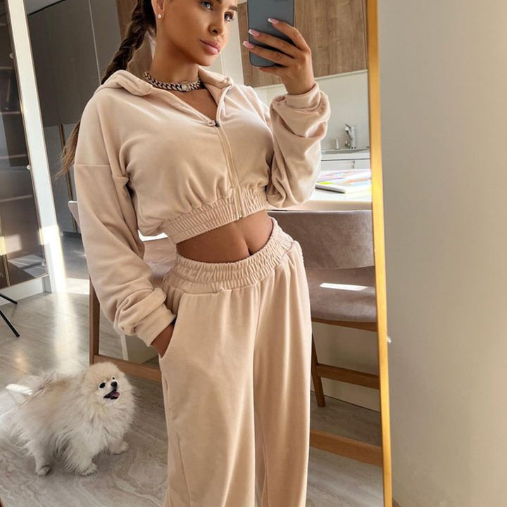 Damen nan kurzes Samt Trainingsset mit Reißverschluss Hoodie und weiter Bund Jogginghose Drune
