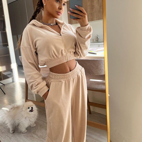 Damen nan kurzes Samt Trainingsset mit Reißverschluss Hoodie und weiter Bund Jogginghose Drune