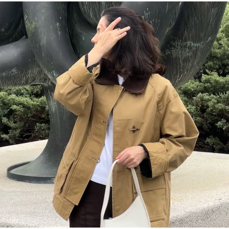 Damen modische Utility-Jacke mit klassischem Kragen und praktischen Taschen Drune