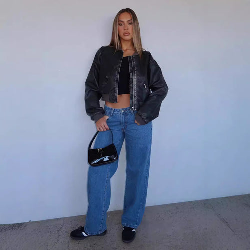 Damen lässige weite Jeans mit hohem Bund und modischem Schnitt Drune