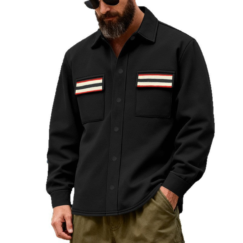 Herren nan Overshirt aus gewalktem Sweat mit aufgesetzten Brusttaschen und Retro-Streifen Drune