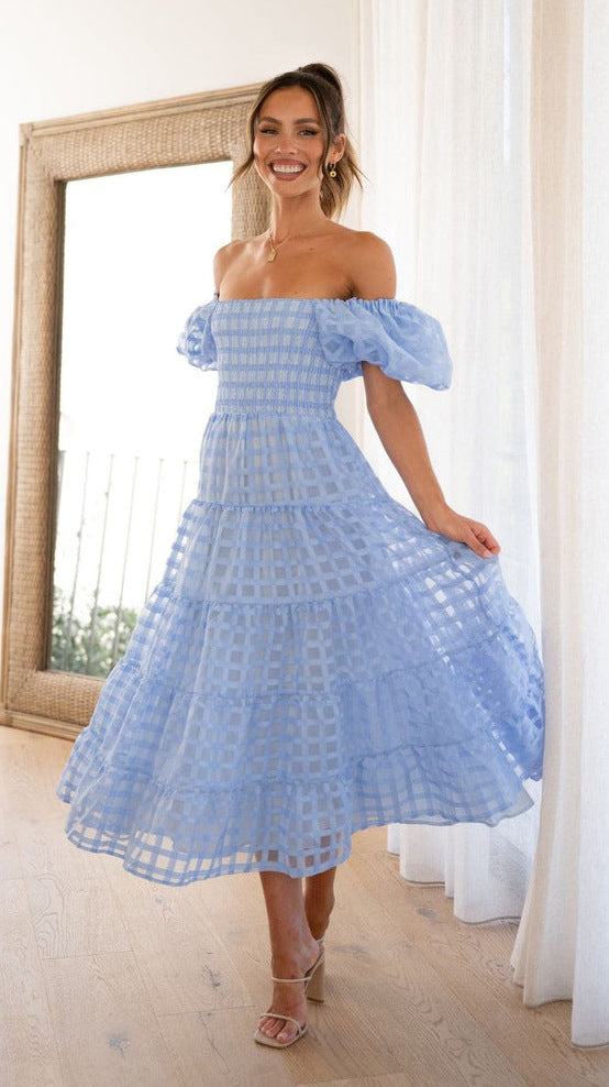 Drune | Damenkleid mit Einem Hals Lanternenärmel Lagennähte Kleid